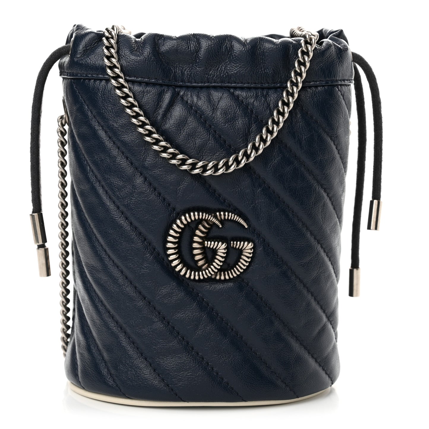 Vintage Effect Calfskin Matelasse Diagonal Mini Torchon GG Marmont 2.0 Bucket Bag Blue Agata Mystic White