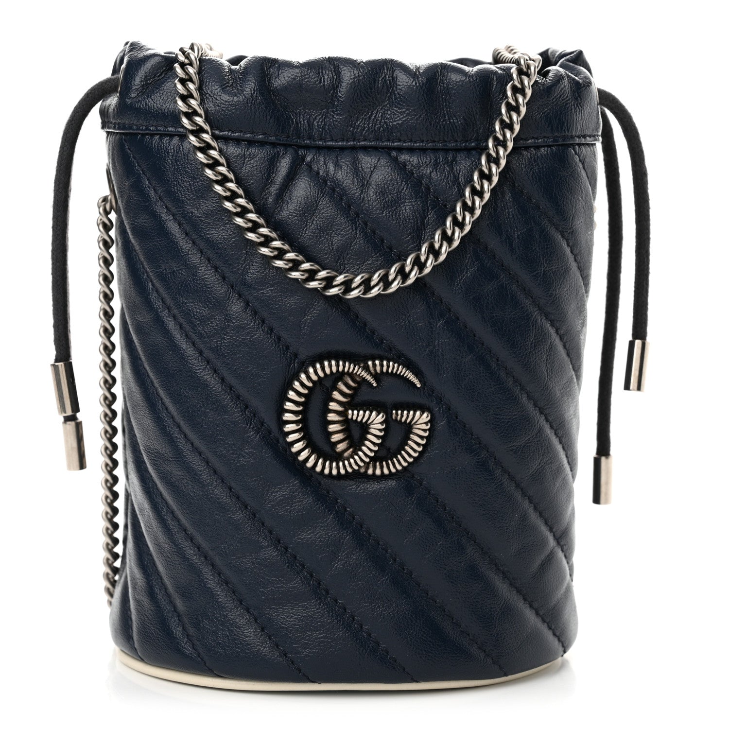 Gucci Vintage Effect Calfskin Matelasse Diagonal Mini Torchon GG Marmont 2.0 Bucket Bag Blue Agata Mystic White 1 of 11