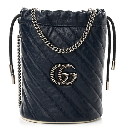 Gucci Vintage Effect Calfskin Matelasse Diagonal Mini Torchon GG Marmont 2.0 Bucket Bag Blue Agata Mystic White 1 of 11