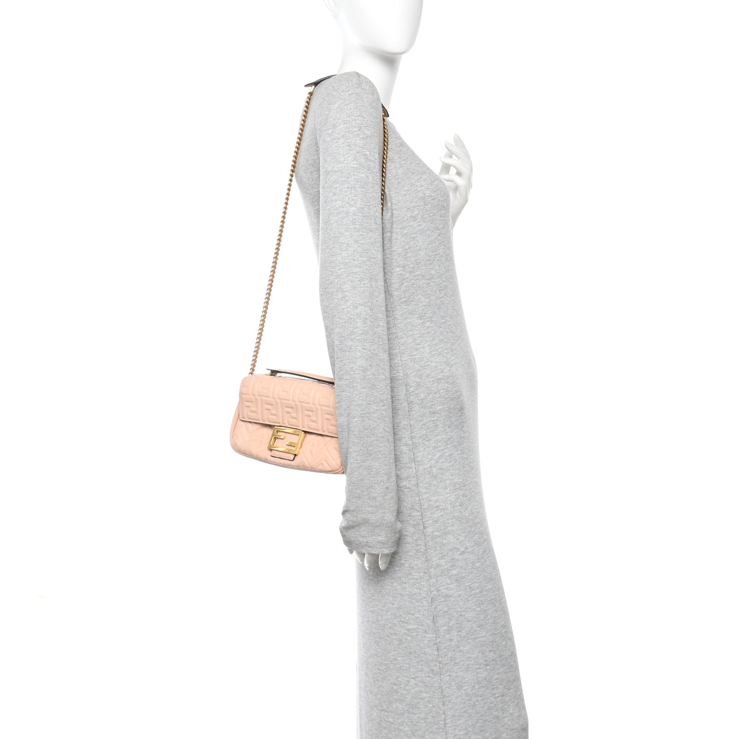 Nappa Small FF Embossed Midi Chain Baguette Light Rose