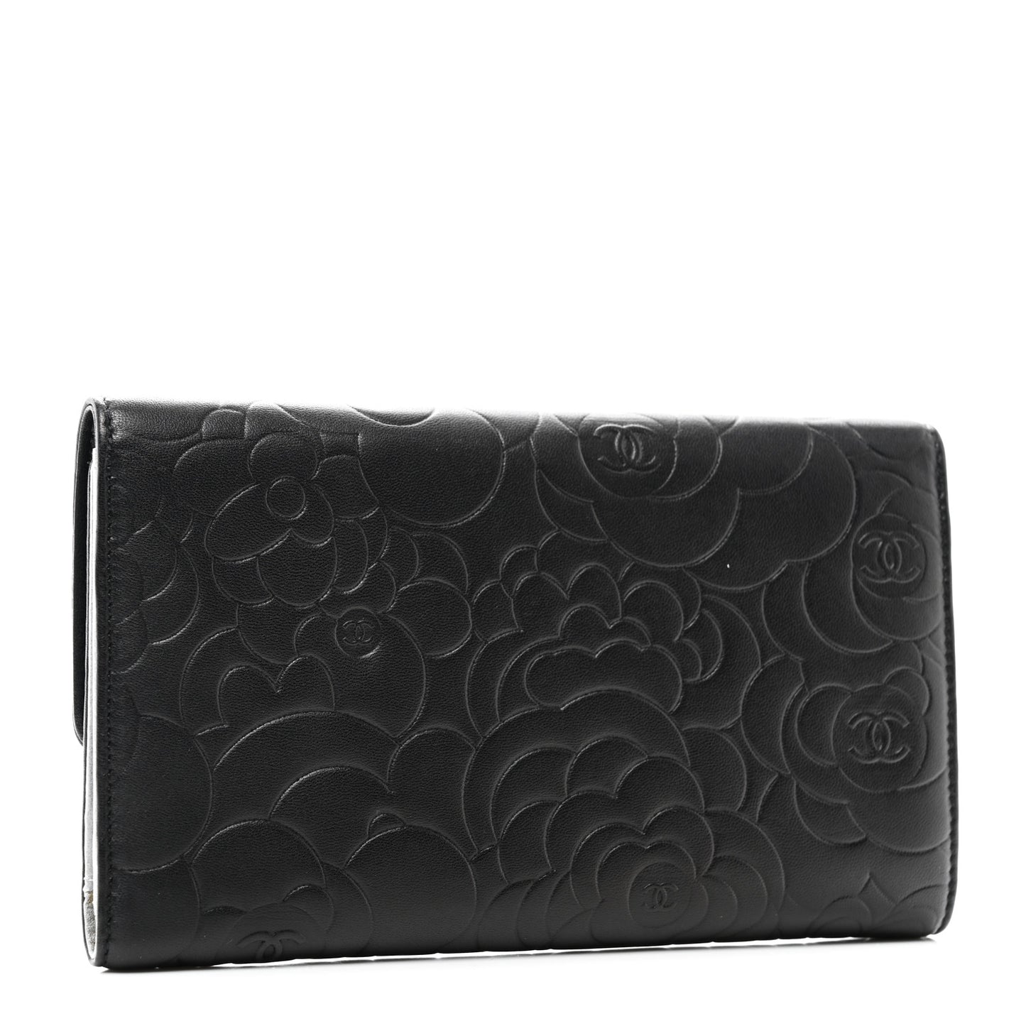 Lambskin Camellia Embossed Large Flap Wallet Black