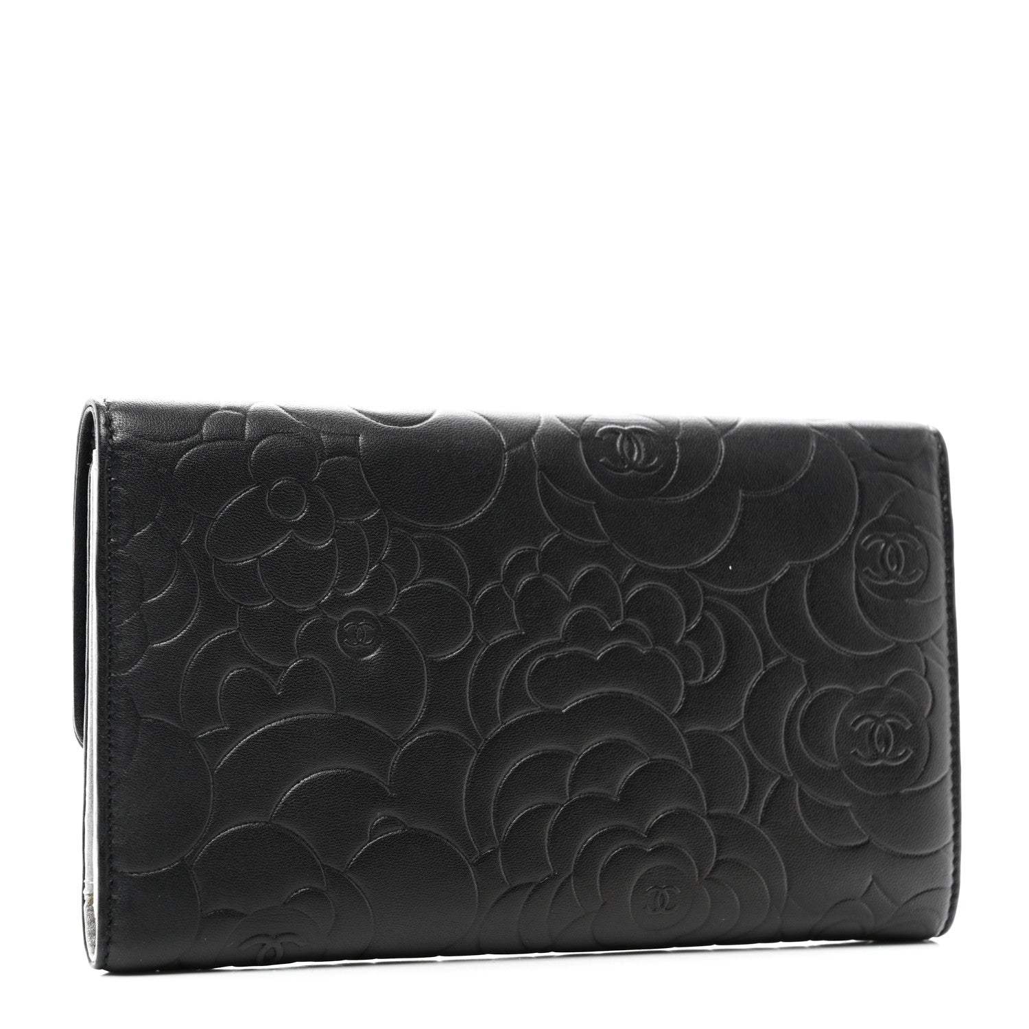 Chanel Lambskin Camellia Embossed Large Flap Wallet Black 3 of 9
