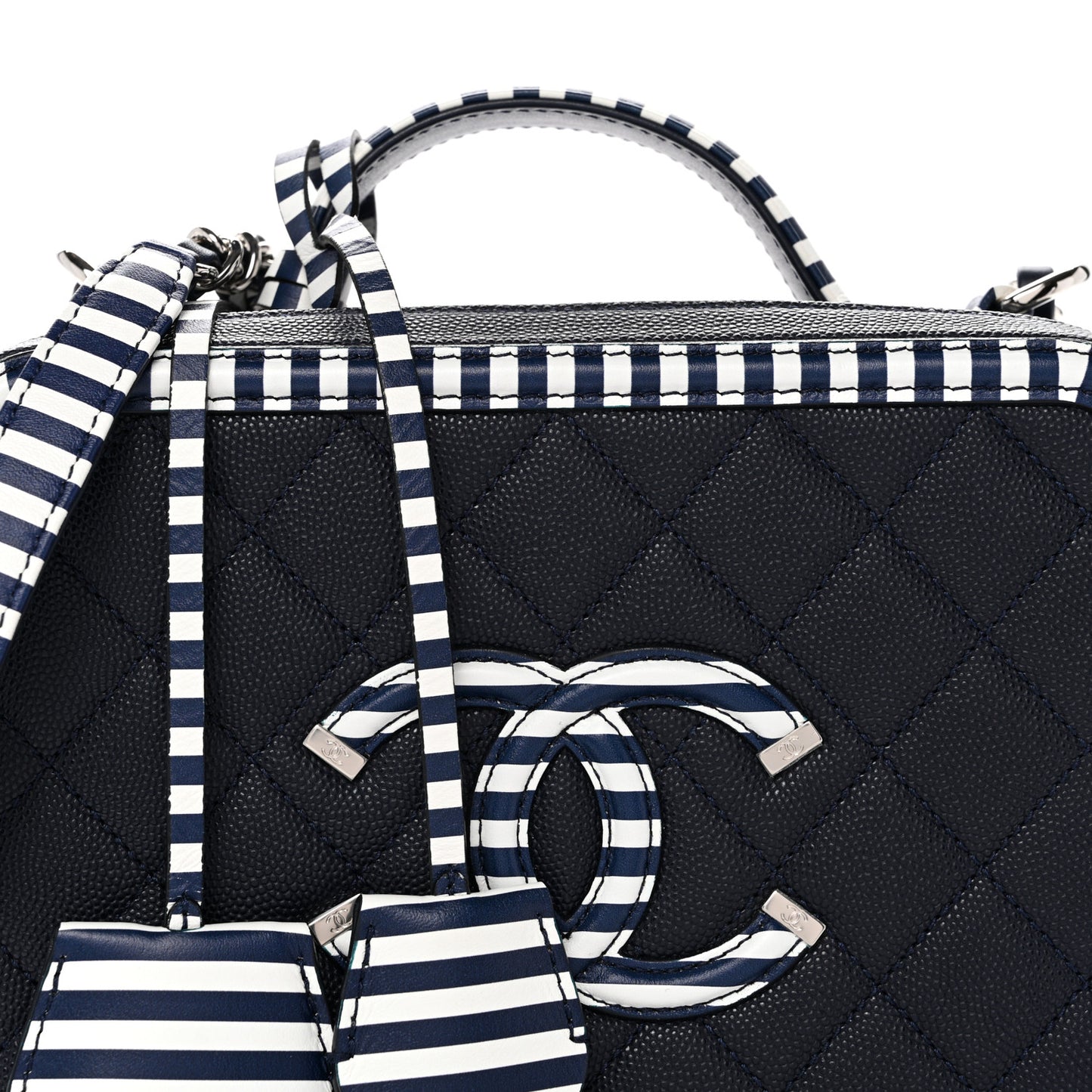 Caviar Quilted Striped Medium CC Filigree Vanity Case Navy White