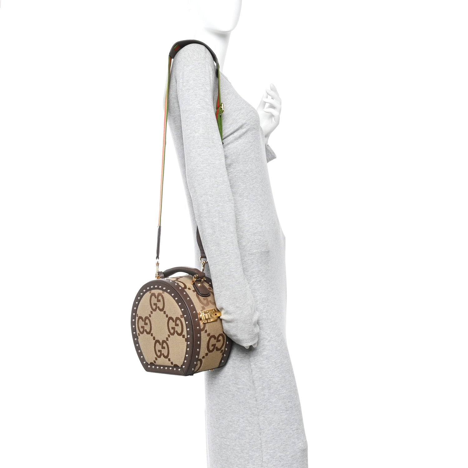 Gucci Monogram Jumbo GG Textured Dollar Calfskin Web Mini Savoy Hat Box Camel Ebony New Acero 2 of 10