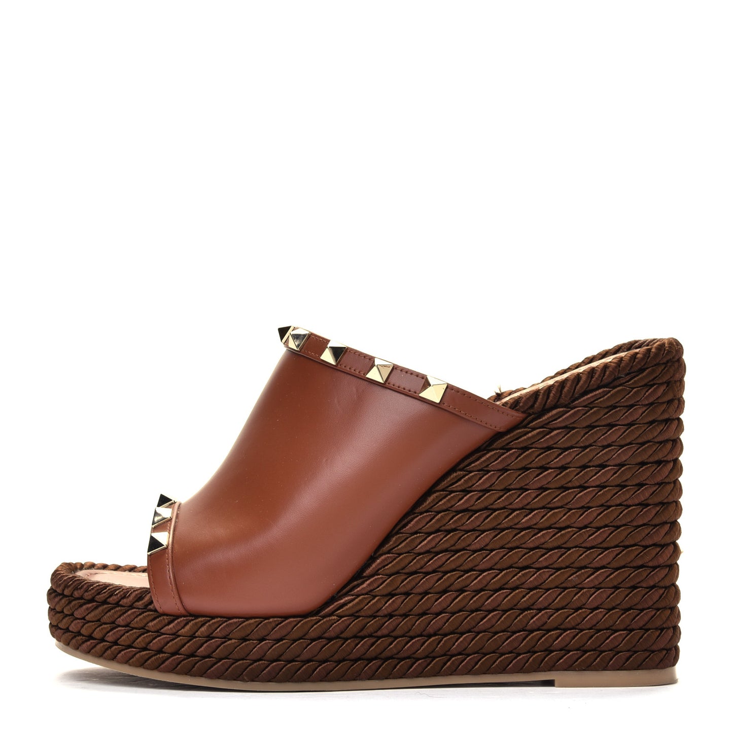 Calfskin Silk Rockstud Torchon Espadrille Wedge 25/115mm Slide Sandals 39 Saddle Brown