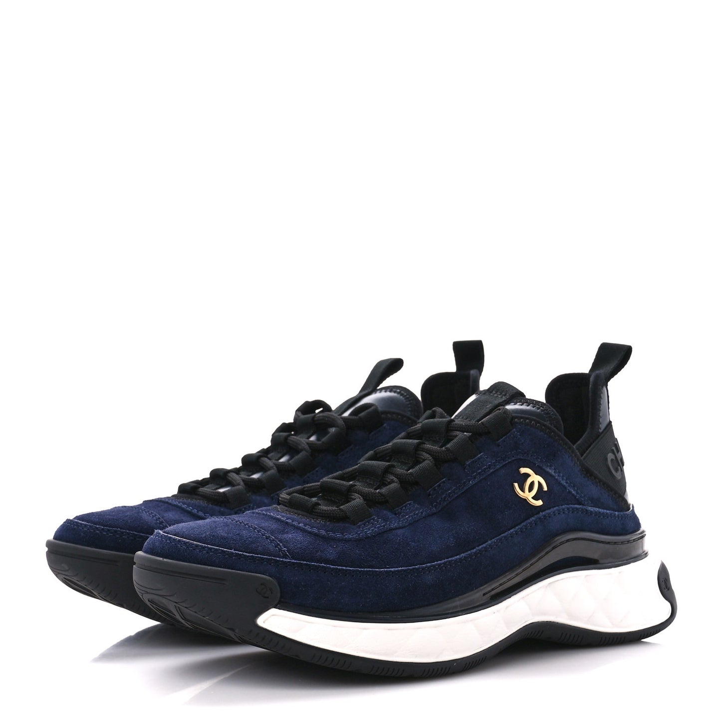 Suede Calfskin Nylon Grosgrain CC Sneakers 37.5 Navy Blue