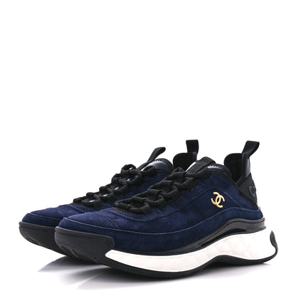 Chanel Suede Calfskin Nylon Grosgrain CC Sneakers 37.5 Navy Blue 3 of 10