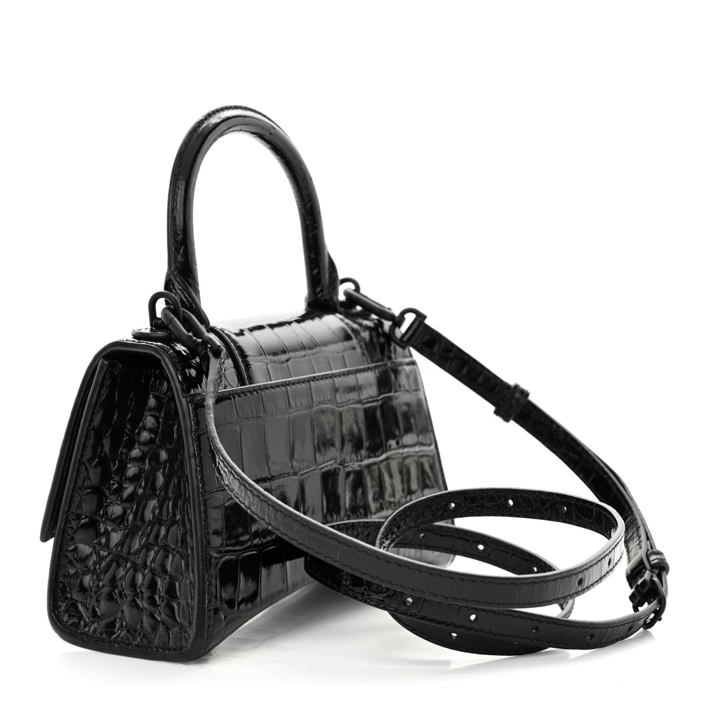 Shiny Calfskin Monochrome Crocodile Embossed Hourglass Top Handle Bag XS Black
