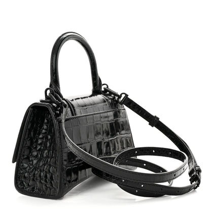 Balenciaga Shiny Calfskin Monochrome Crocodile Embossed Hourglass Top Handle Bag XS Black 3 of 15