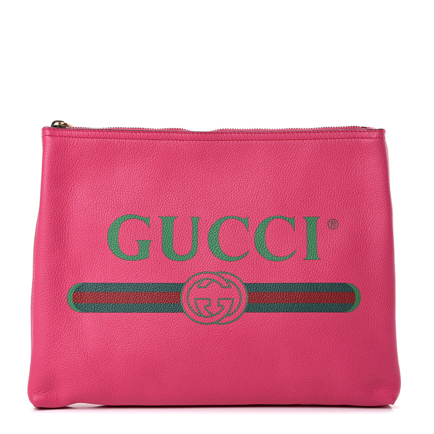 Gucci Pebbled Calfskin Medium Logo Portfolio Clutch Box Pink Green 1 of 6