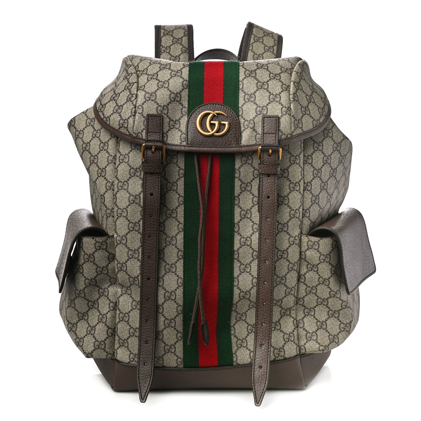 GG Supreme Monogram Medium Ophidia Double Buckle Backpack Brown