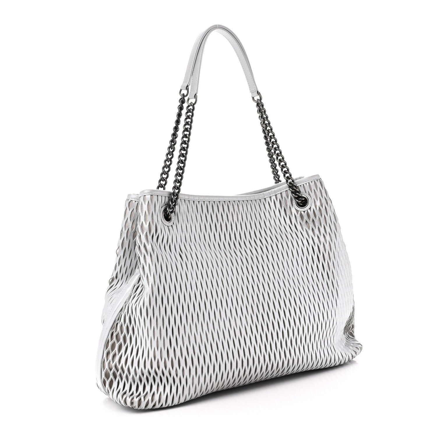 Chanel Calfskin Laser Cut Perforated CC Tote Silver 3 of 10