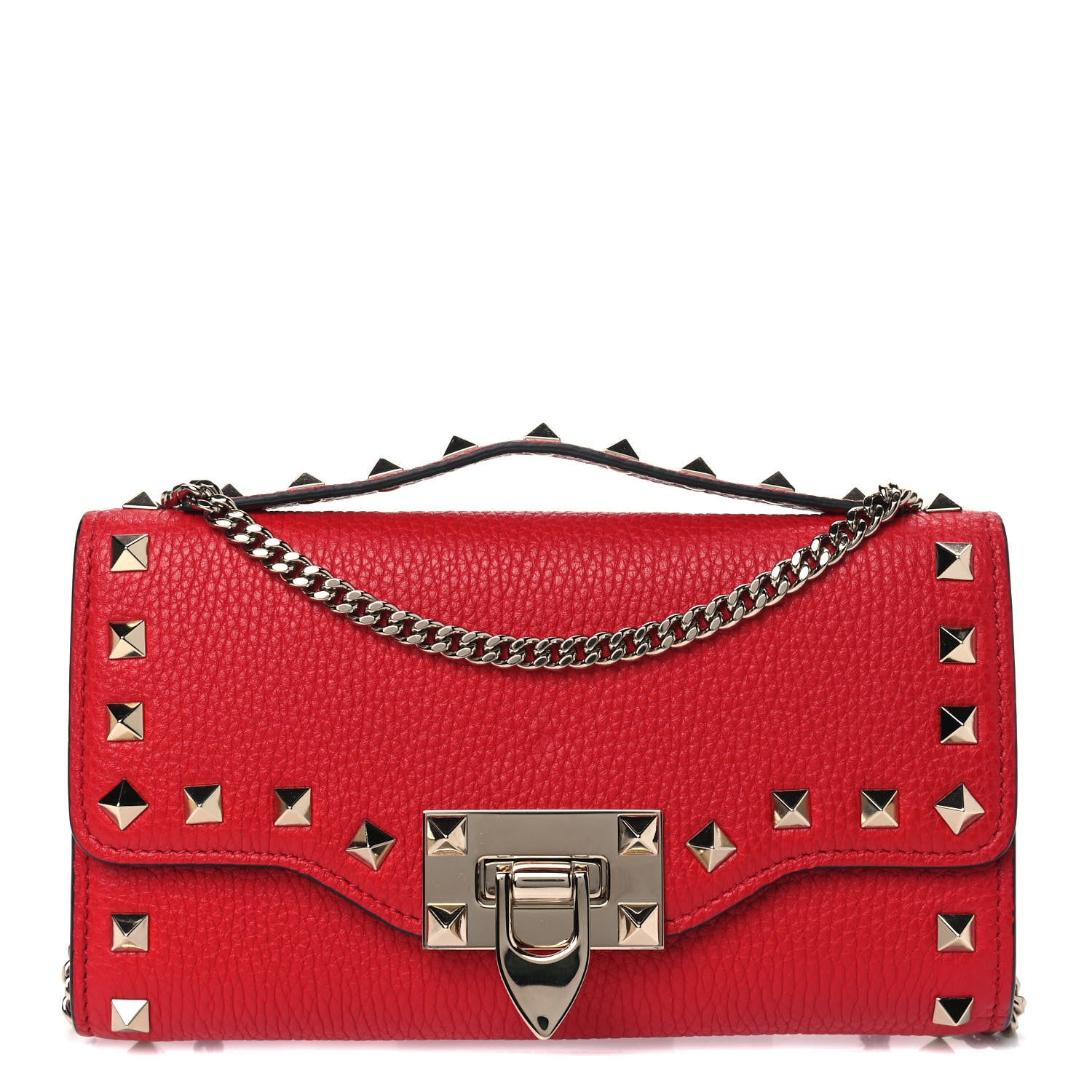 Valentino Garavani Pebbled Calfskin Rockstud Flip Lock Wallet On Chain Rouge Pur 1 of 4