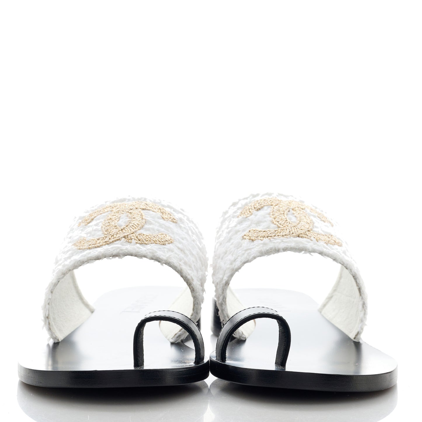 Cotton Tweed Fabric Lambskin CC Thong Sandal 41 White Gold Black