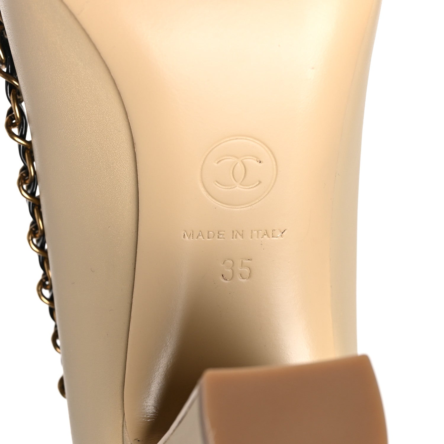 Chanel Calfskin Patent Calfskin Chain Cap Toe Pumps 35 Beige Black 6 of 8