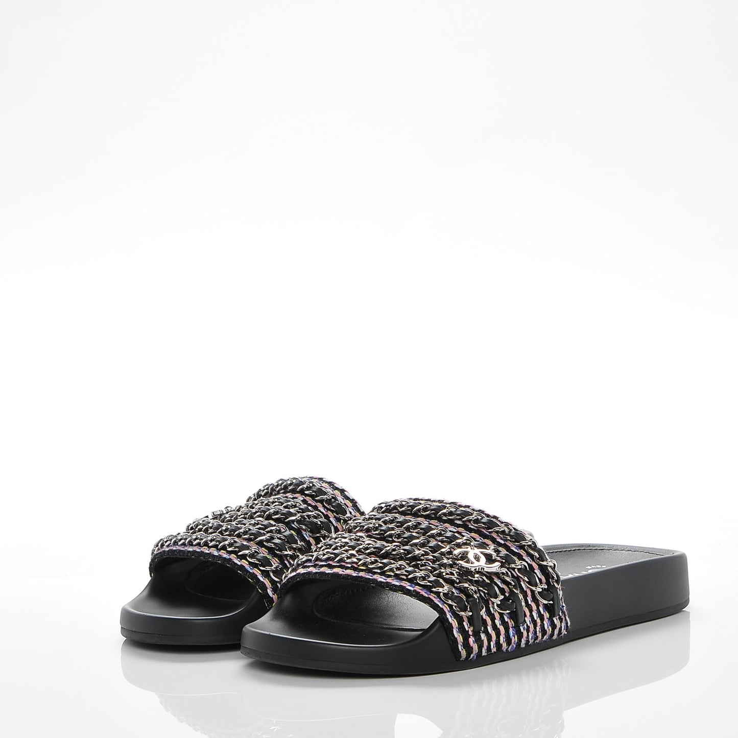Tweed Lambskin Chain Flat Sandals 37 Black Multicolor
