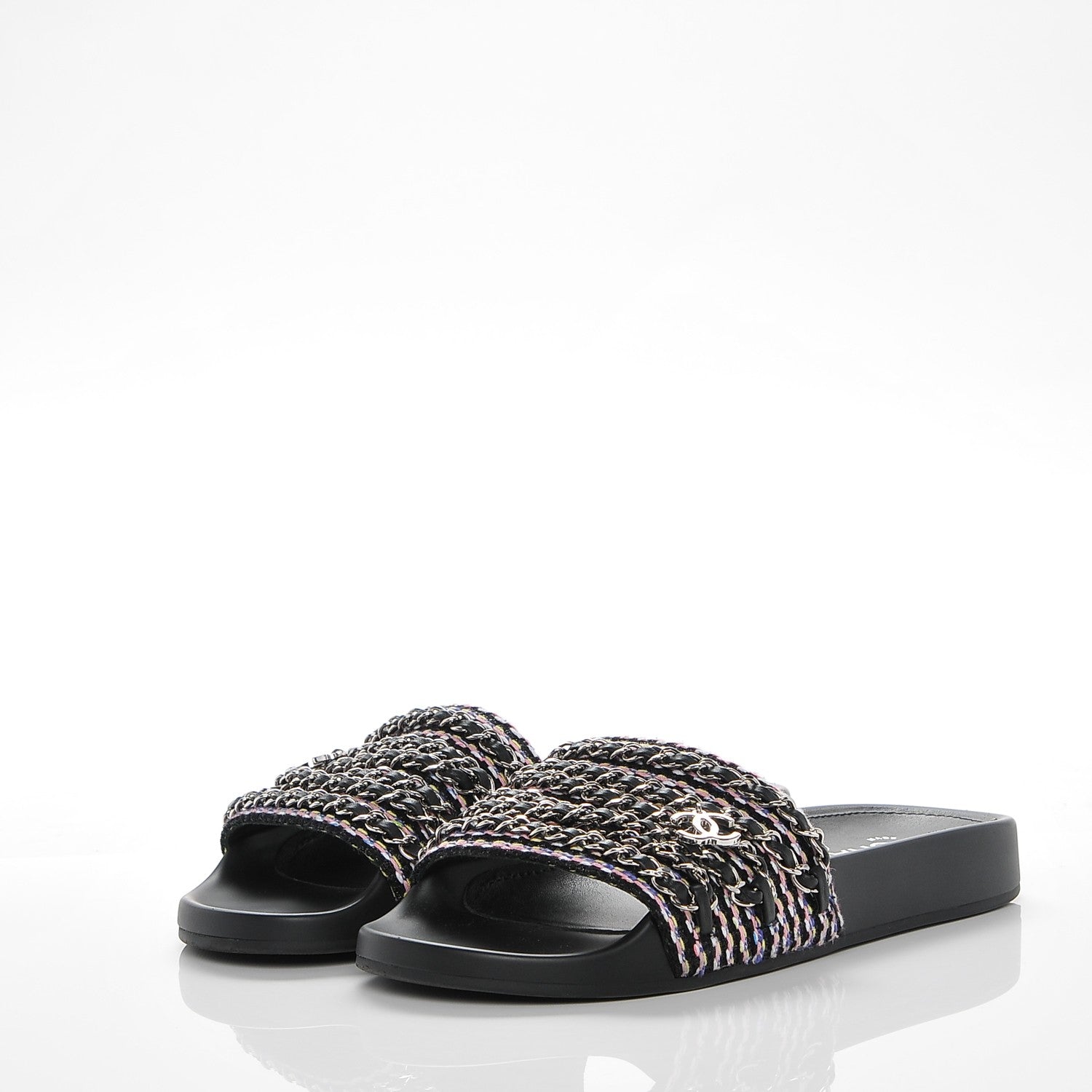 Chanel Tweed Lambskin Chain Flat Sandals 37 Black Multicolor 3 of 6