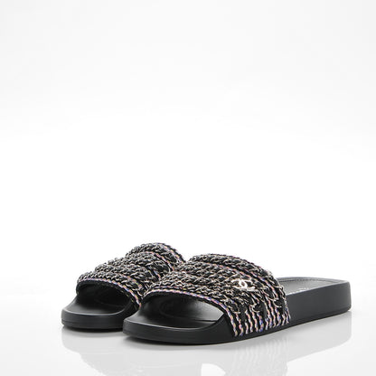Chanel Tweed Lambskin Chain Flat Sandals 37 Black Multicolor 3 of 6