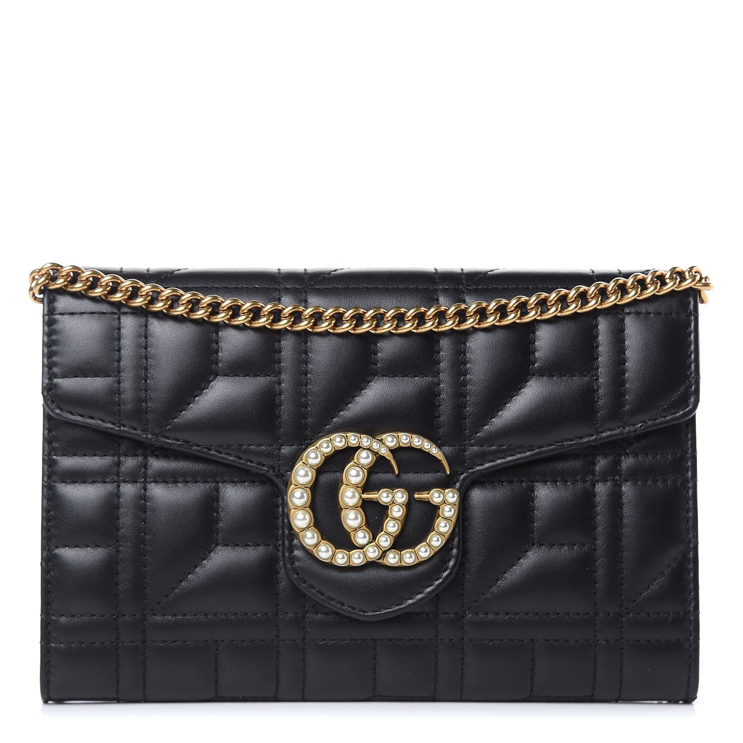 Gucci Calfskin Matelasse Mini Pearly GG Marmont Chain Wallet Black 1 of 12