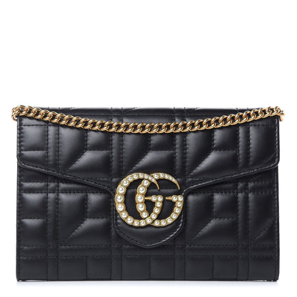 Gucci Calfskin Matelasse Mini Pearly GG Marmont Chain Wallet Black 1 of 12