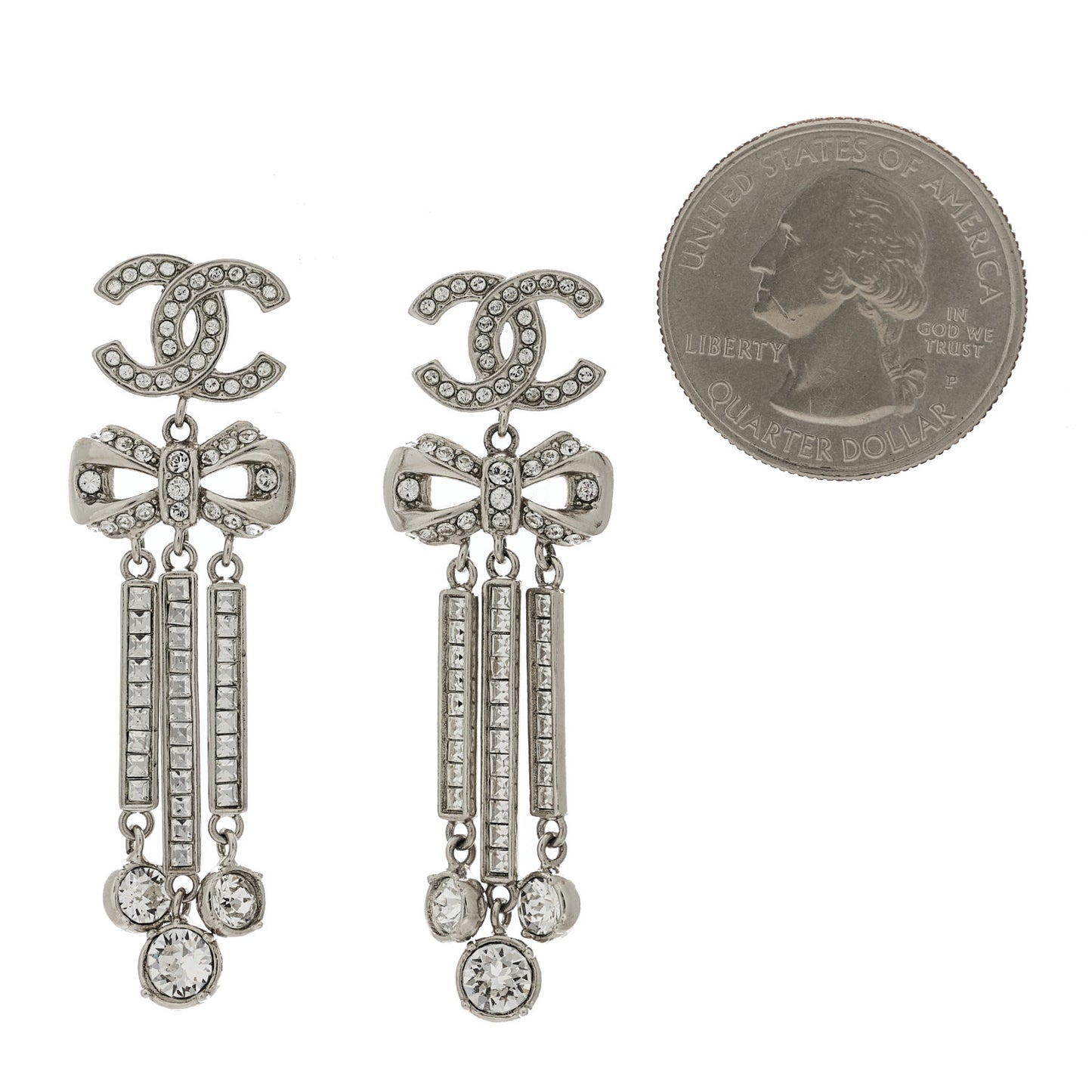 Crystal CC Bow Drop Earrings Silver
