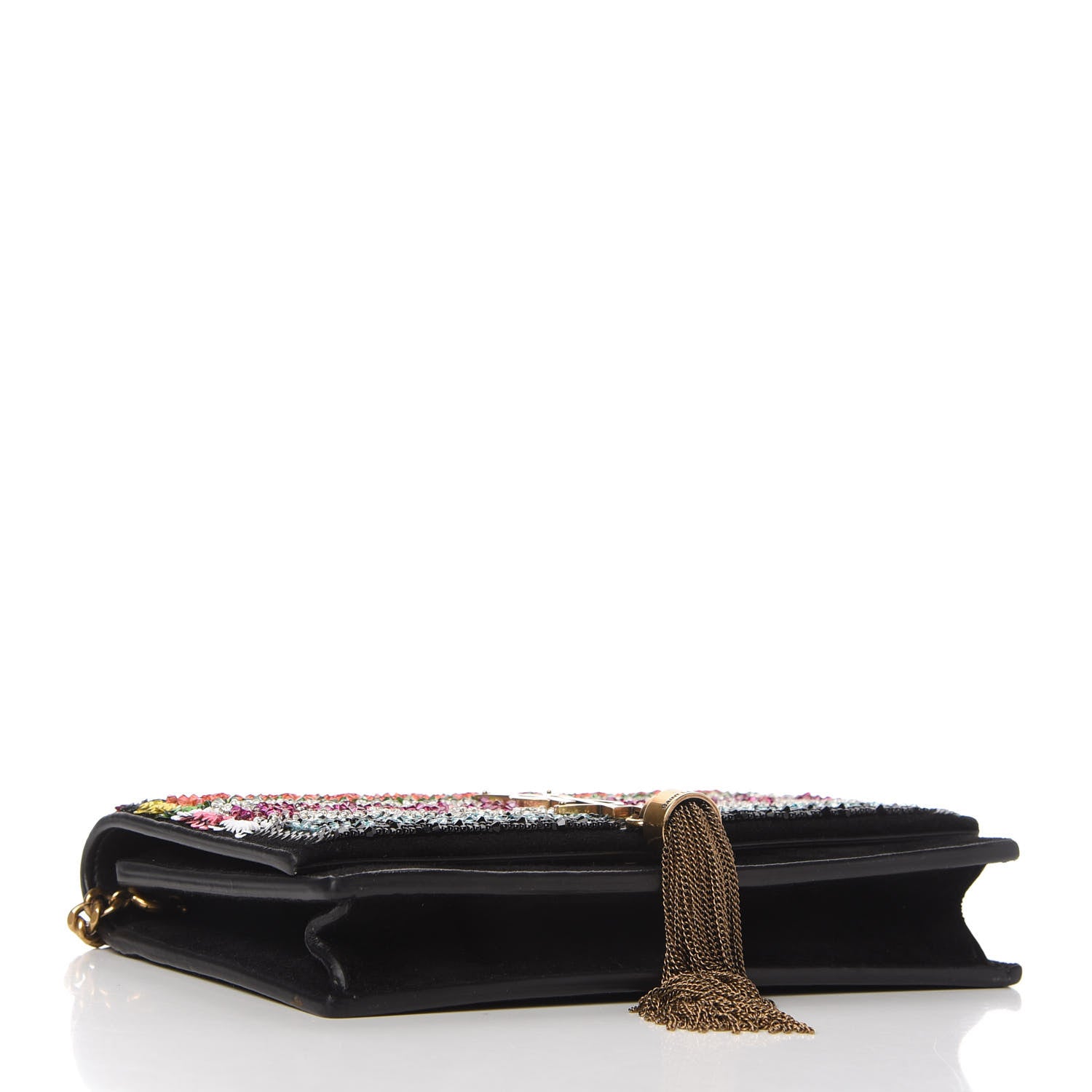 Saint Laurent Suede Sequin Bead Embellished Classic Monogram Kate Tassel Chain Wallet Black Multicolor 4 of 9