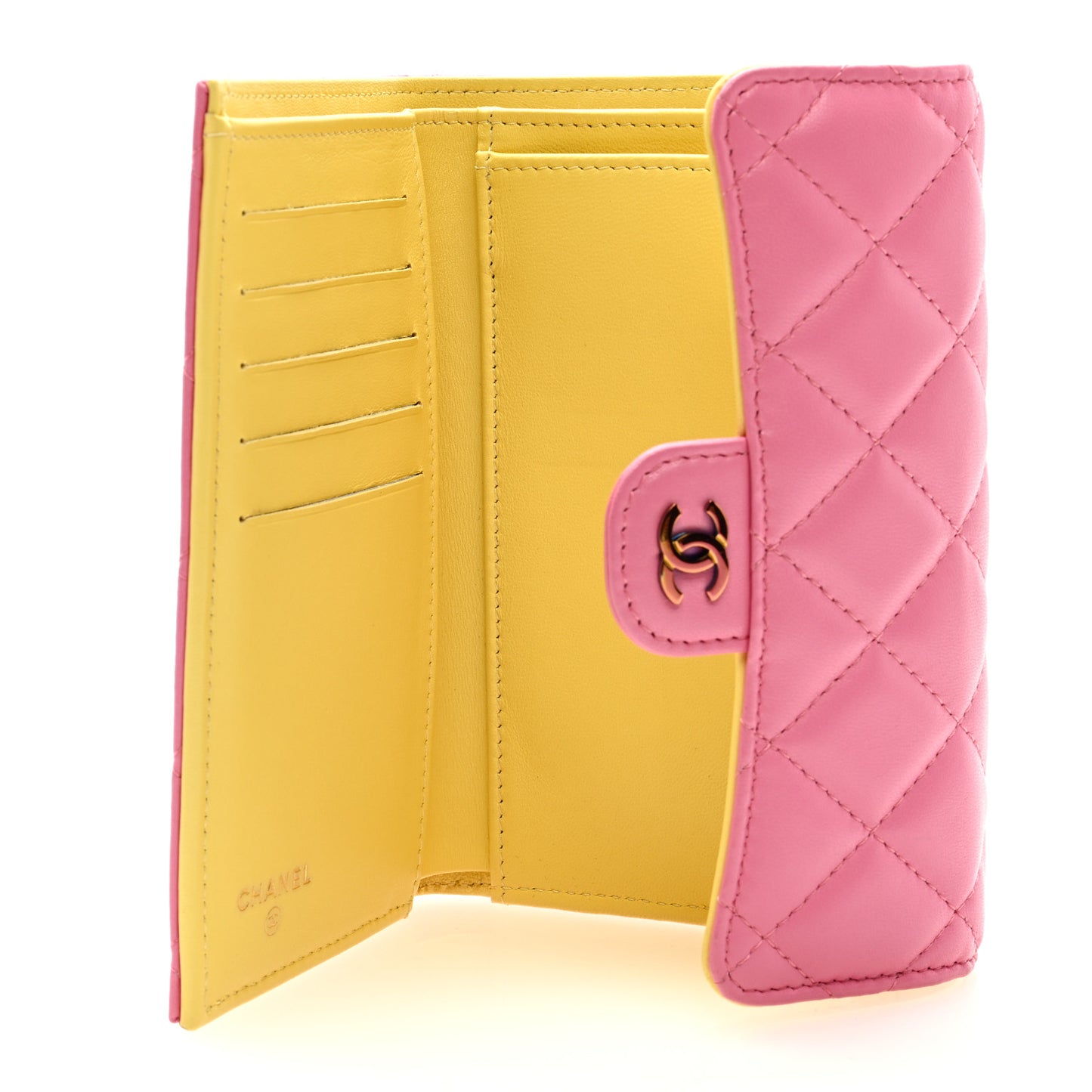 Lambskin Quilted Medium Flap Wallet Pink Yellow