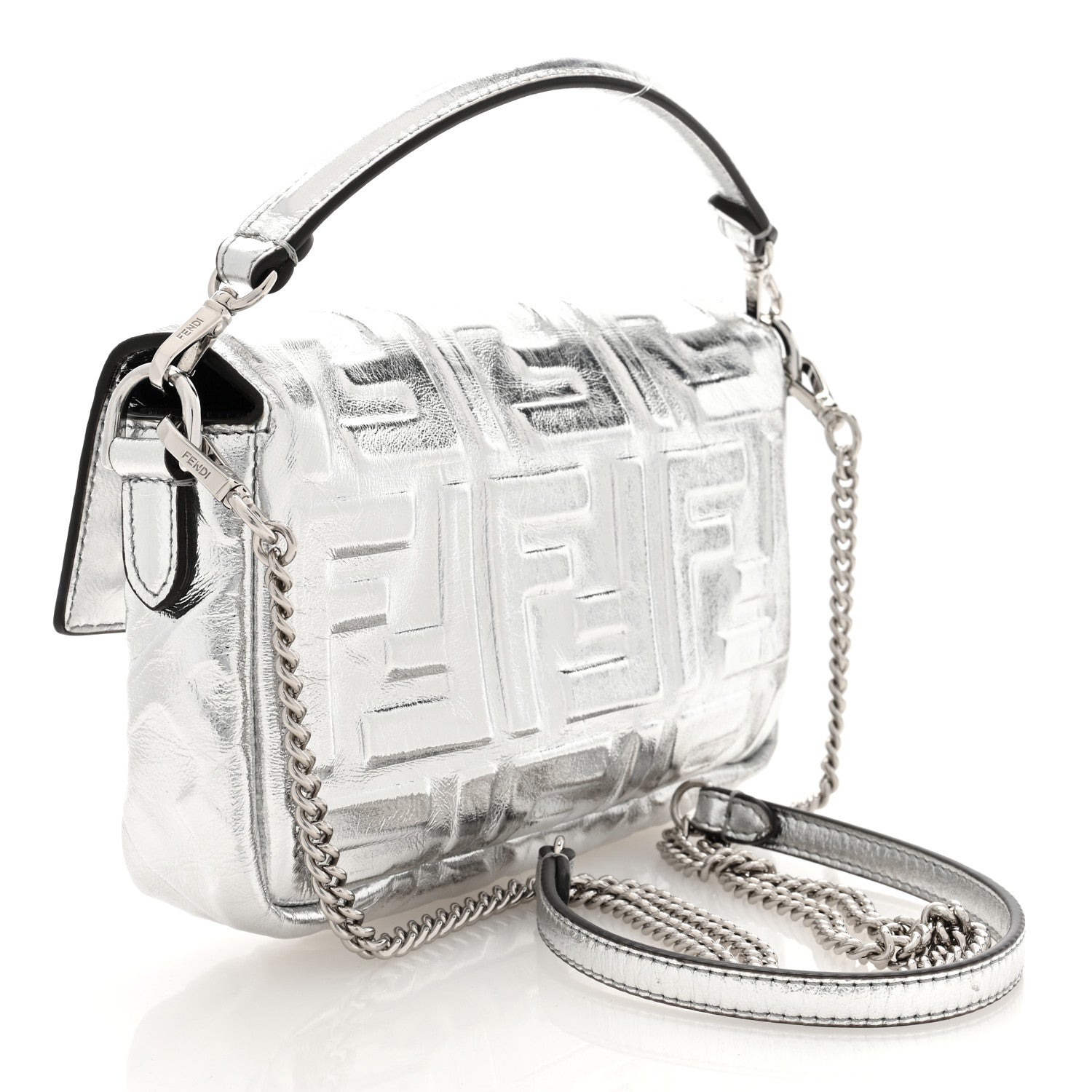 Fendi Vitello Catalan Mirror FF 1974 Embossed Mini Baguette Argento 3 of 9
