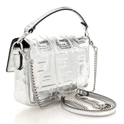Fendi Vitello Catalan Mirror FF 1974 Embossed Mini Baguette Argento 3 of 9
