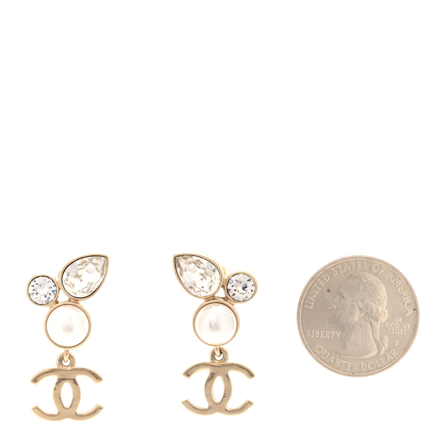 Chanel Pearl Crystal CC Drop Earrings Gold 2 of 5