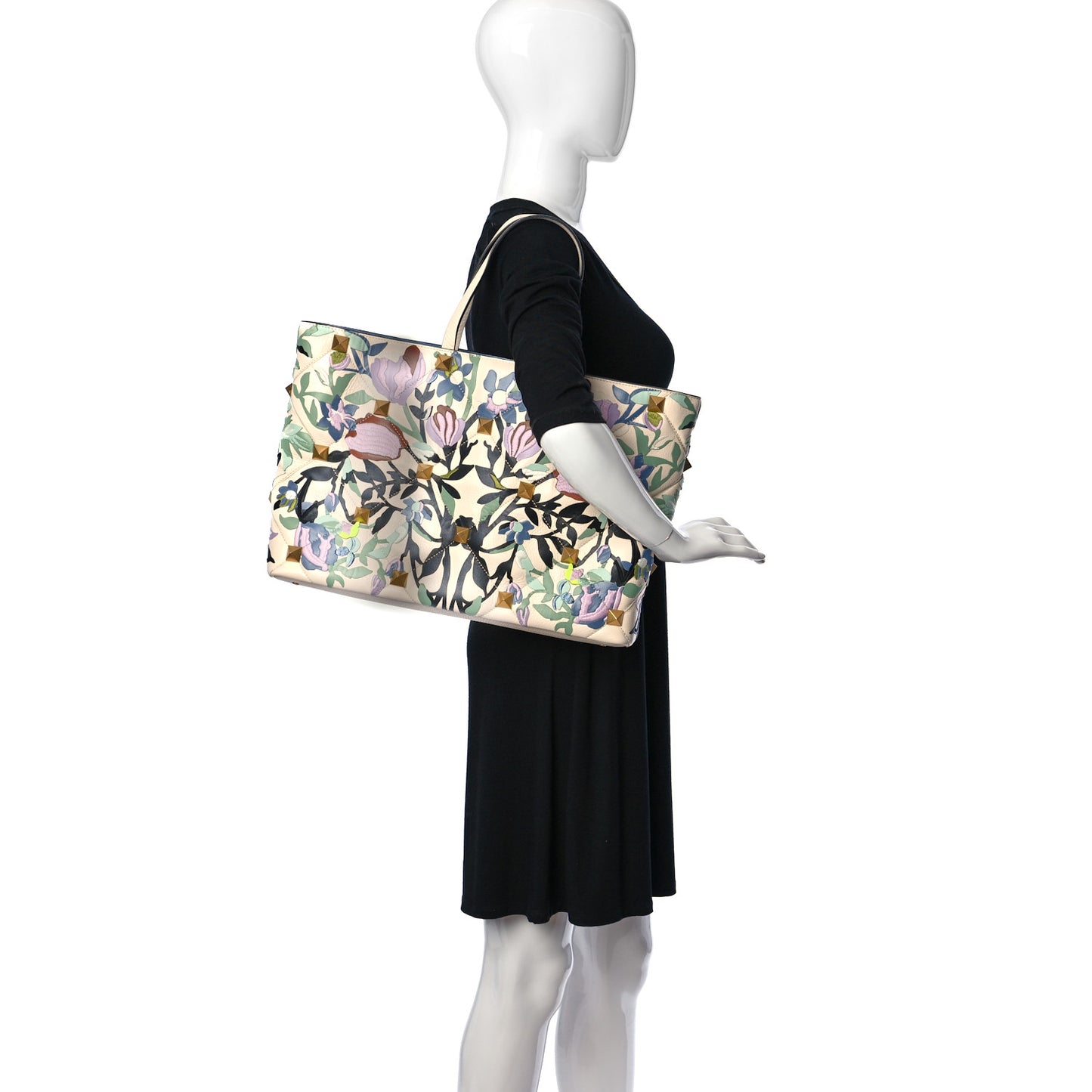 Grained Calfskin Embroidered Large Roman Stud Tote Multicolor