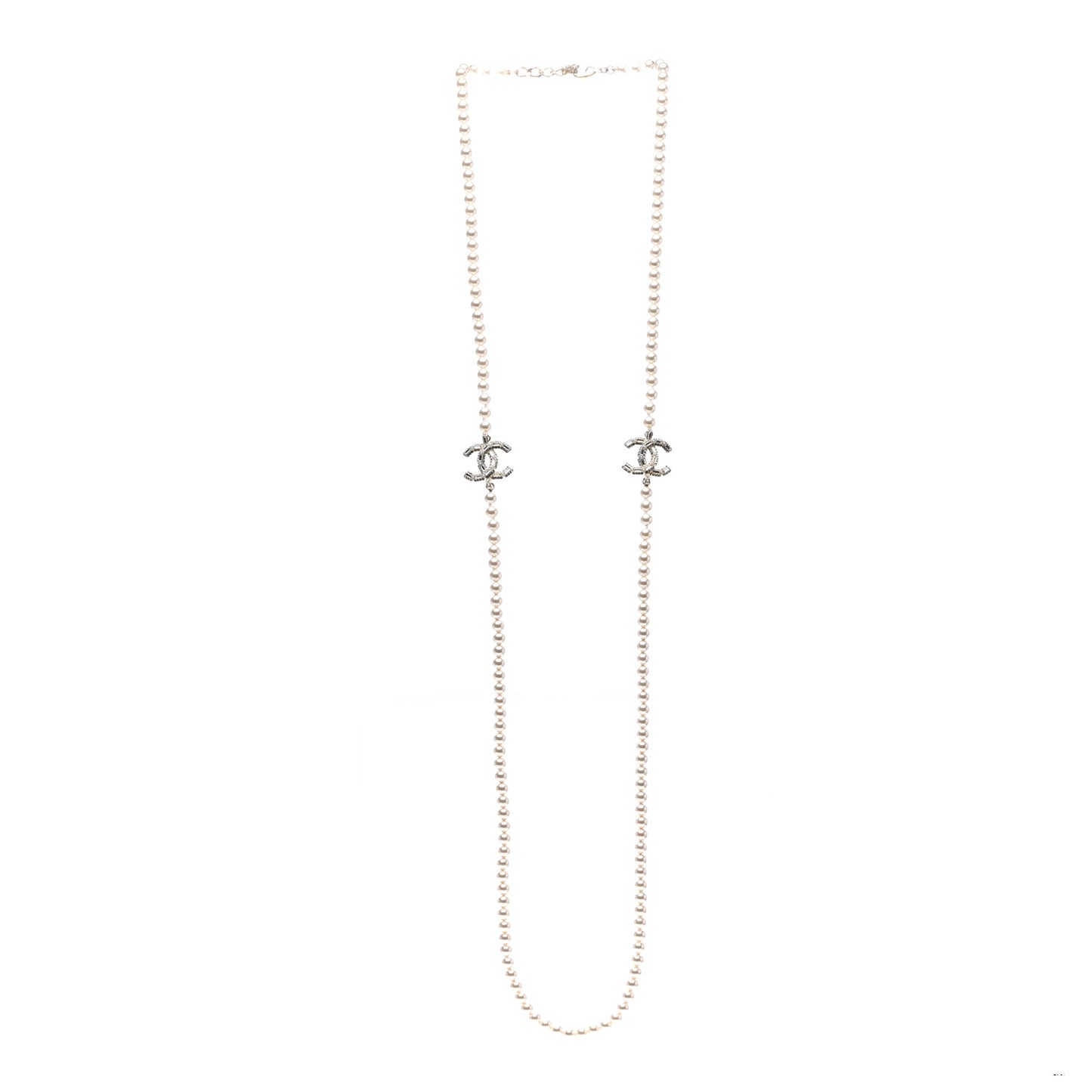 Pearl Baguette Crystal CC Long Necklace Gold