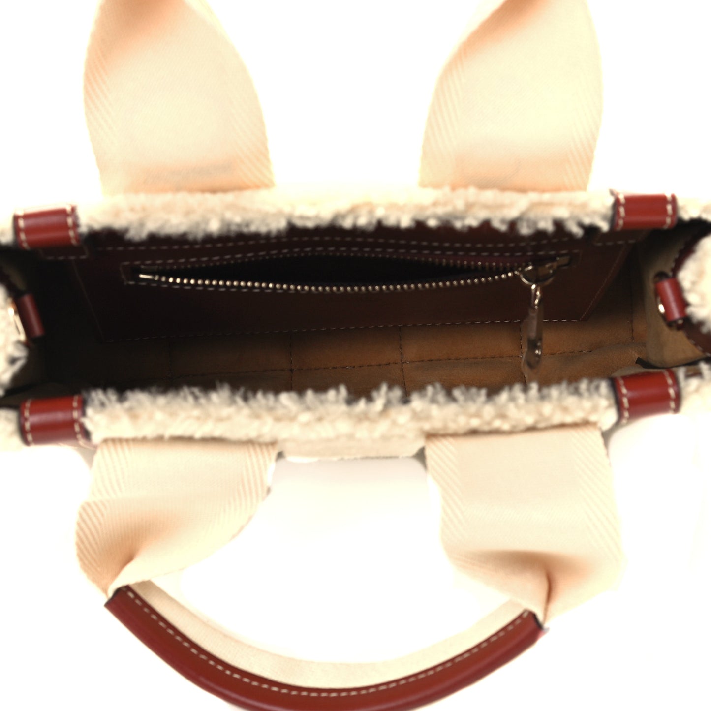 Shearling Calfskin Small Woody Ribbon Tote With Strap Mild Beige