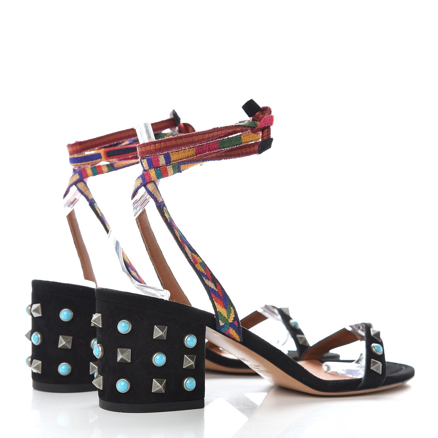 Suede Embroidered Rockstud Rolling Wrap Sandals 38.5 Black Multicolor