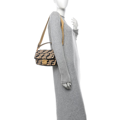Fendi Raffia Vitello Grace FF Crochet Baguette Natural Black Paglia 2 of 9