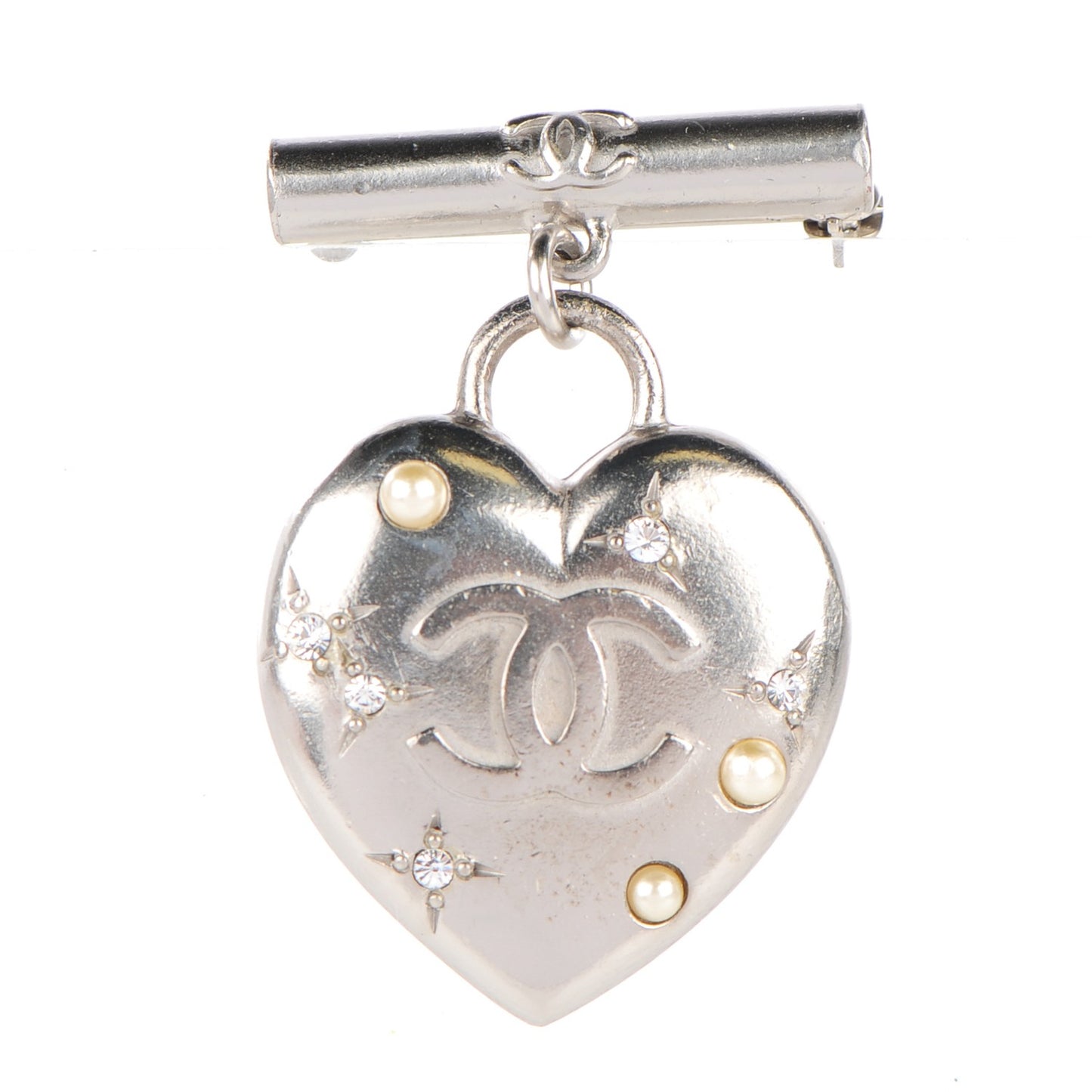 Crystal Pearl CC Heart Brooch Silver
