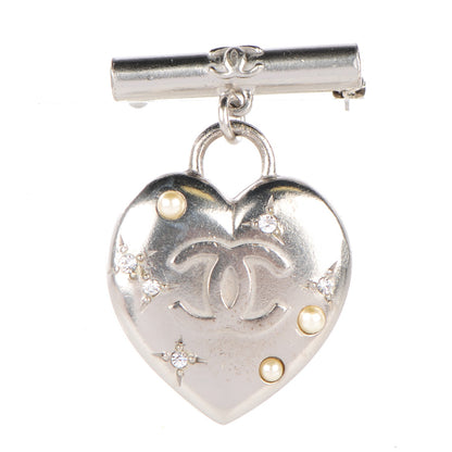 Chanel Crystal Pearl CC Heart Brooch Silver 1 of 4