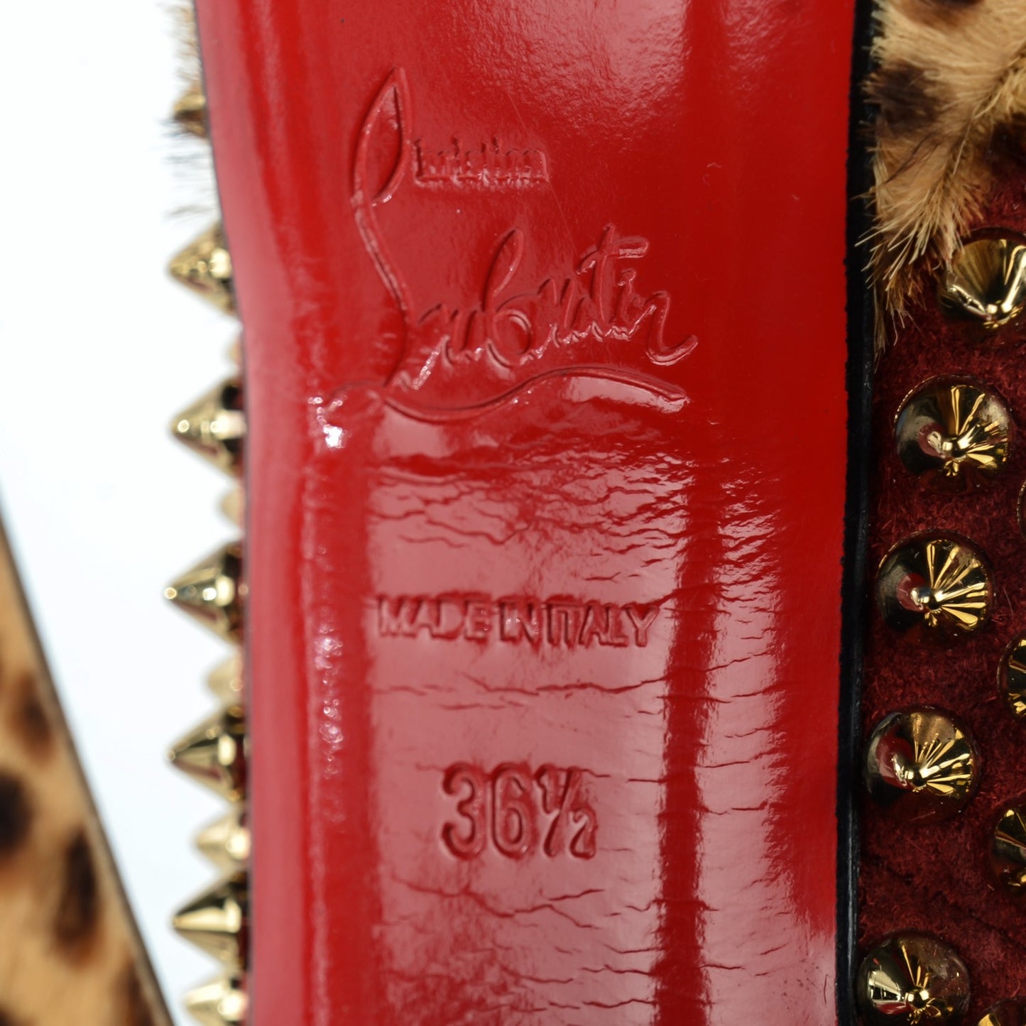 Veau Velours Calf Hair Leopard Lady Peep Spikes 150 Pumps 36.5 Red