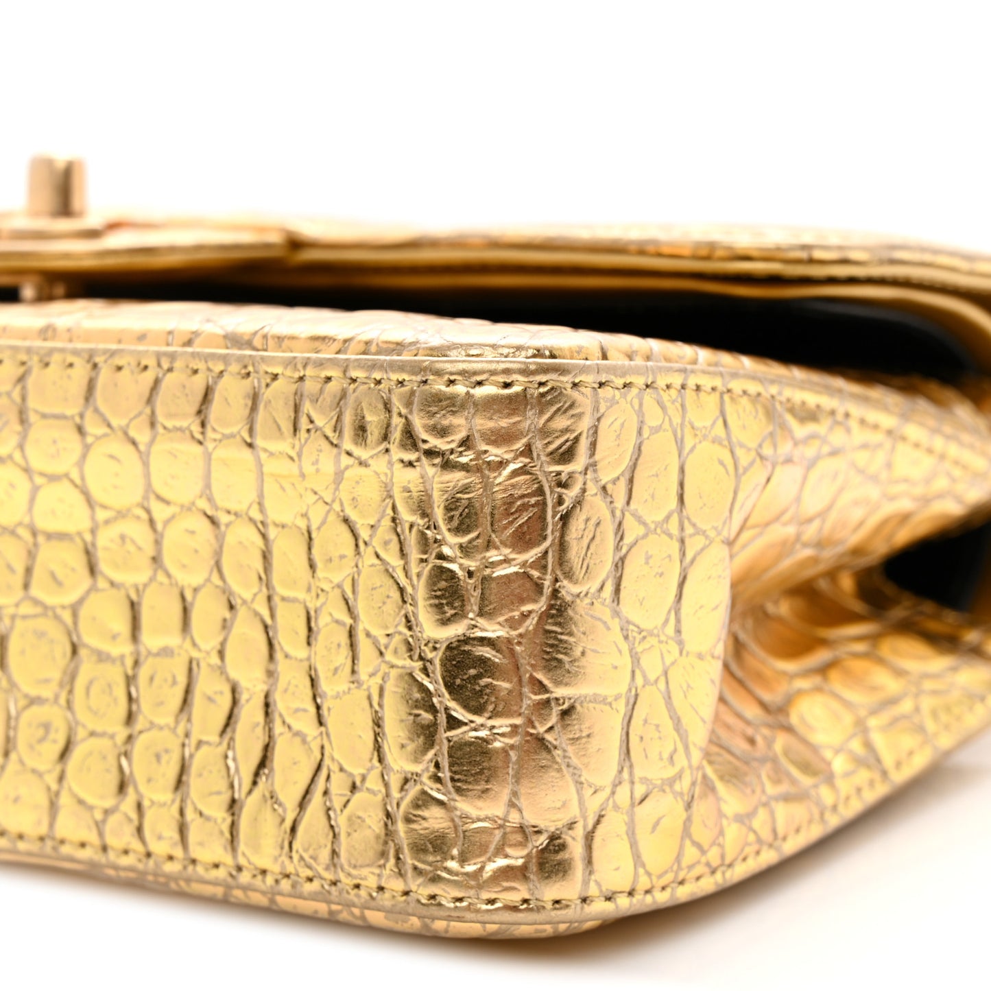 Metallic Calfskin Crocodile Embossed Cocodile Small Double Flap Gold