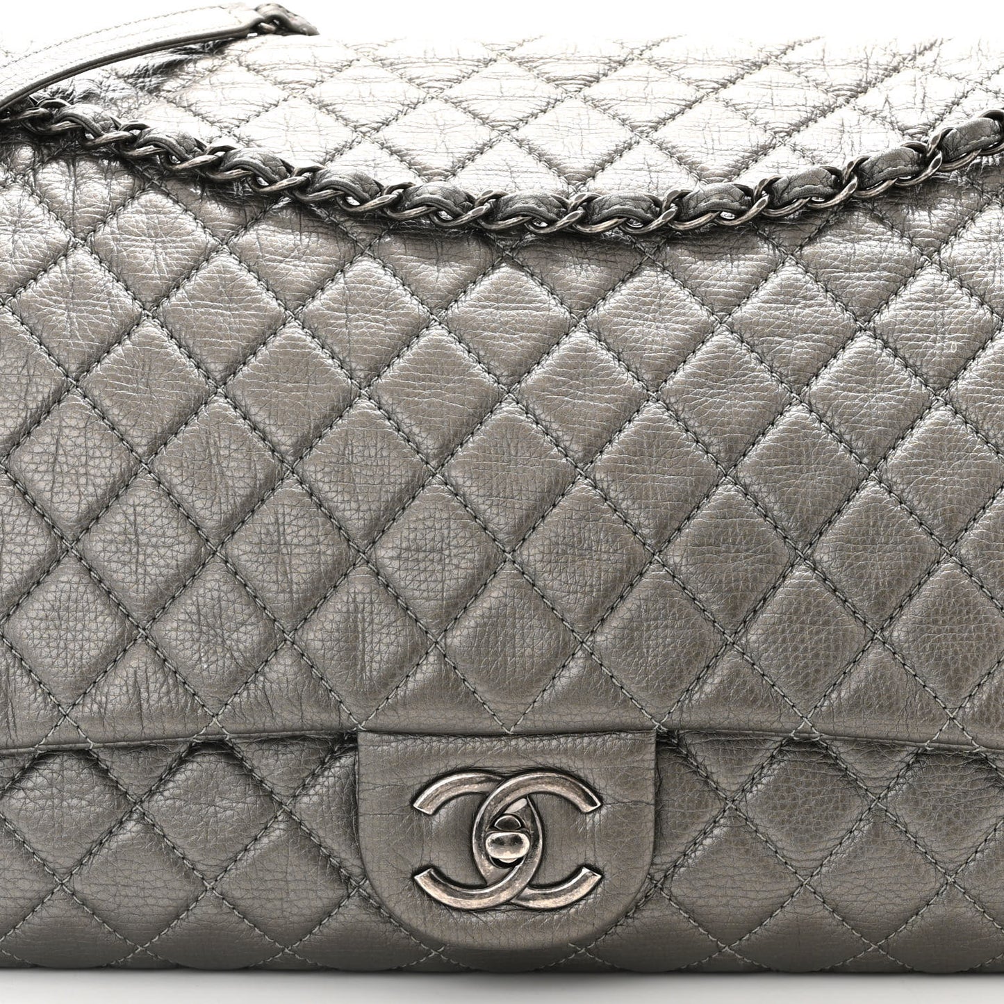 Metallic Calfskin Quilted XXL Travel Flap Bag Dark Silver
