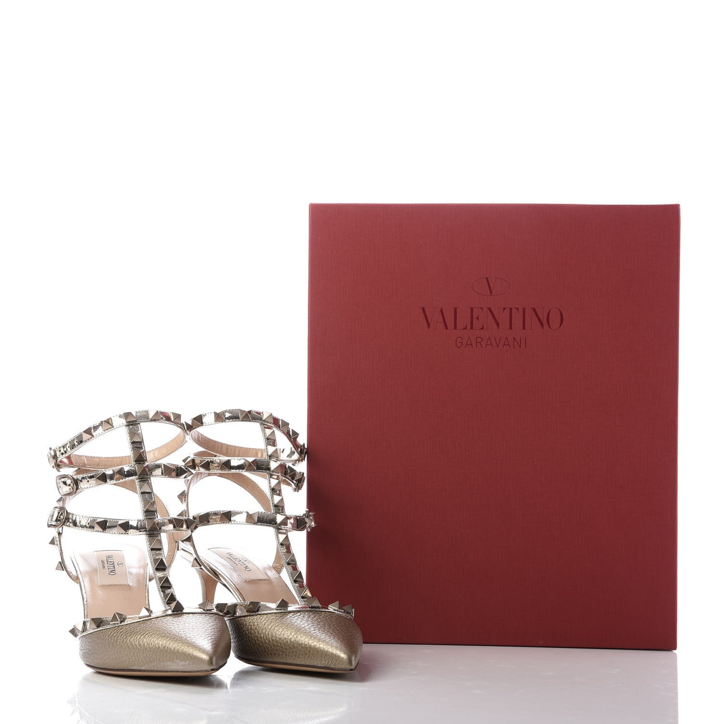 Metallic Pebbled Calfskin Patent Rockstud Ankle Strap 65mm Pumps 37.5 Sasso