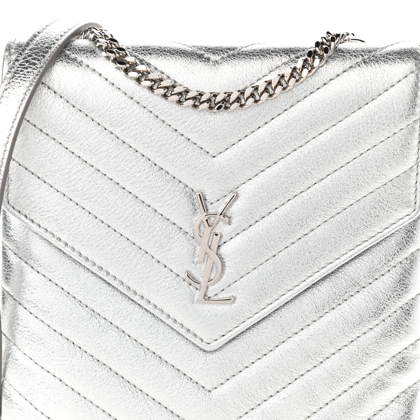 Metallic Lambskin Quilted Double Flap Bag Silver