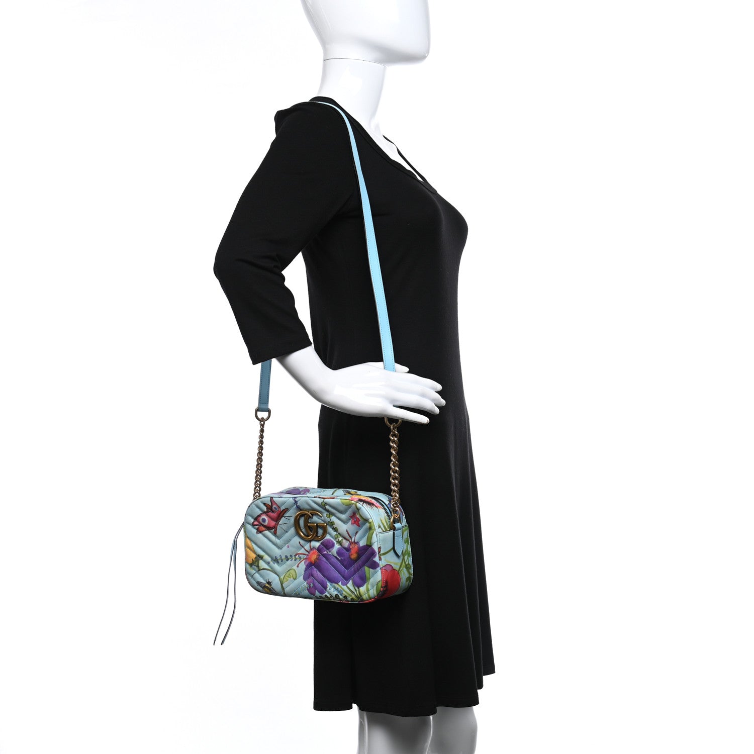 Gucci X UNSKILLED WORKER Calfskin Matelasse Flora Painted Small GG Marmont Chain Shoulder Bag Cloudy Blue Multicolor 2 of 14