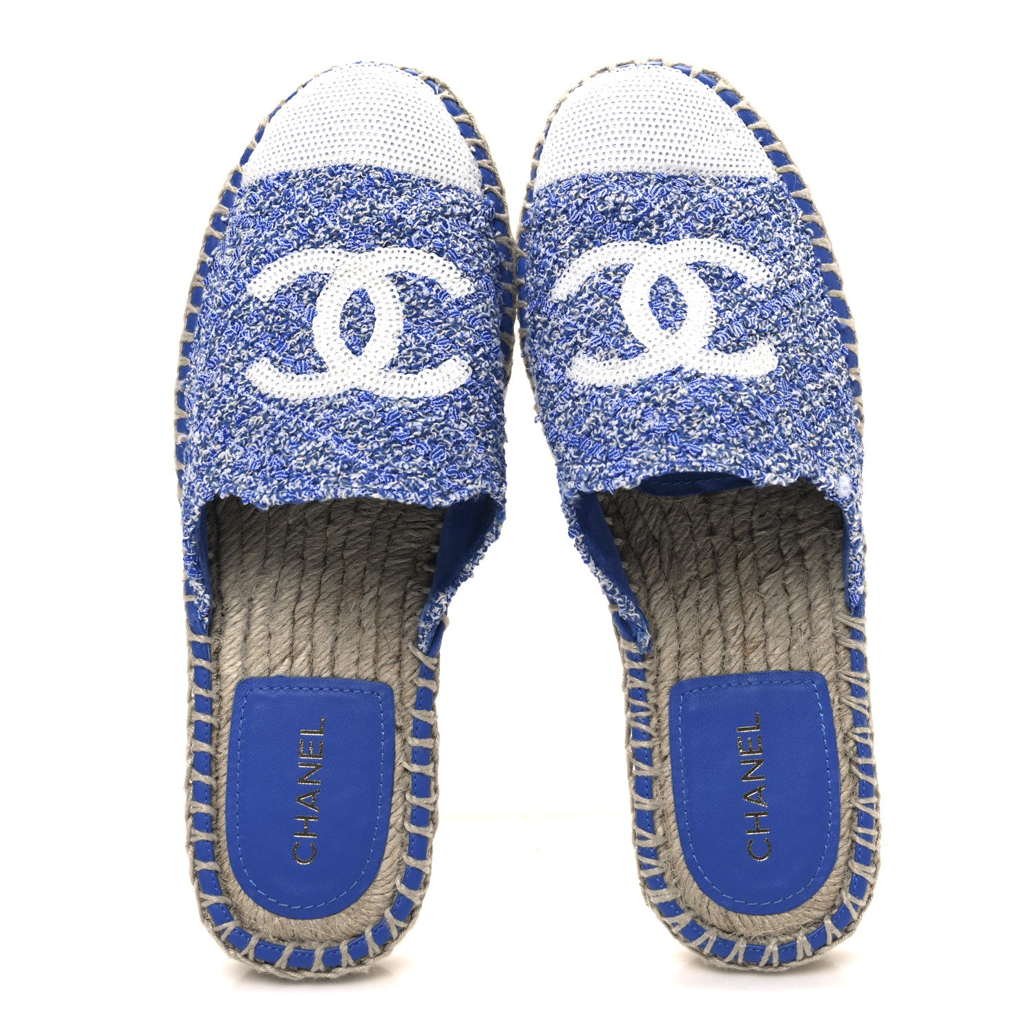 Chanel Tweed Sequin Cap Toe CC Espadrilles Mule 36 Blue White 2 of 10
