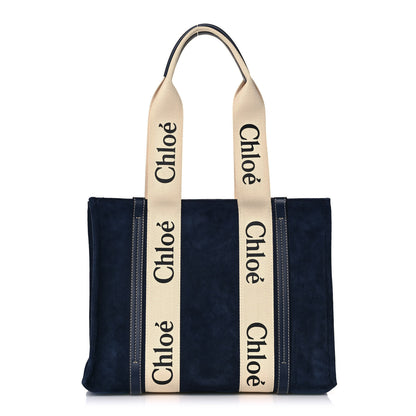 Chloe Suede Calfskin Medium Woody Ribbon Tote Navy 1 of 11