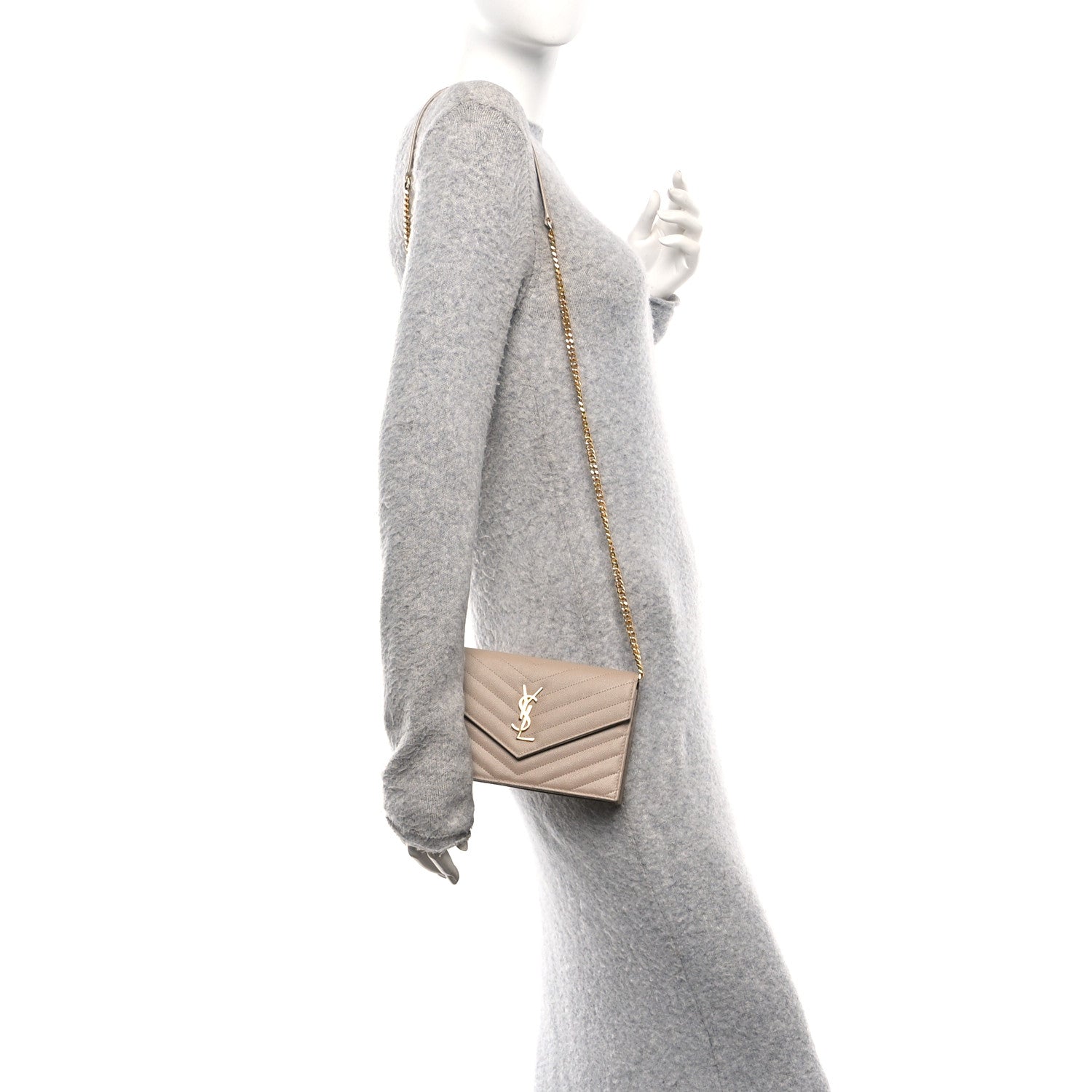 Saint Laurent Grain De Poudre Matelasse Chevron Monogram Envelope Chain Wallet Dark Beige 2 of 11