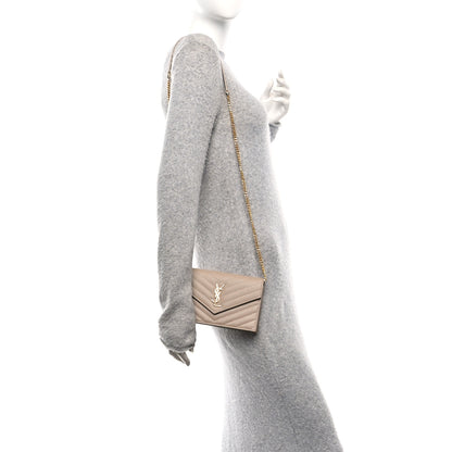 Saint Laurent Grain De Poudre Matelasse Chevron Monogram Envelope Chain Wallet Dark Beige 2 of 11