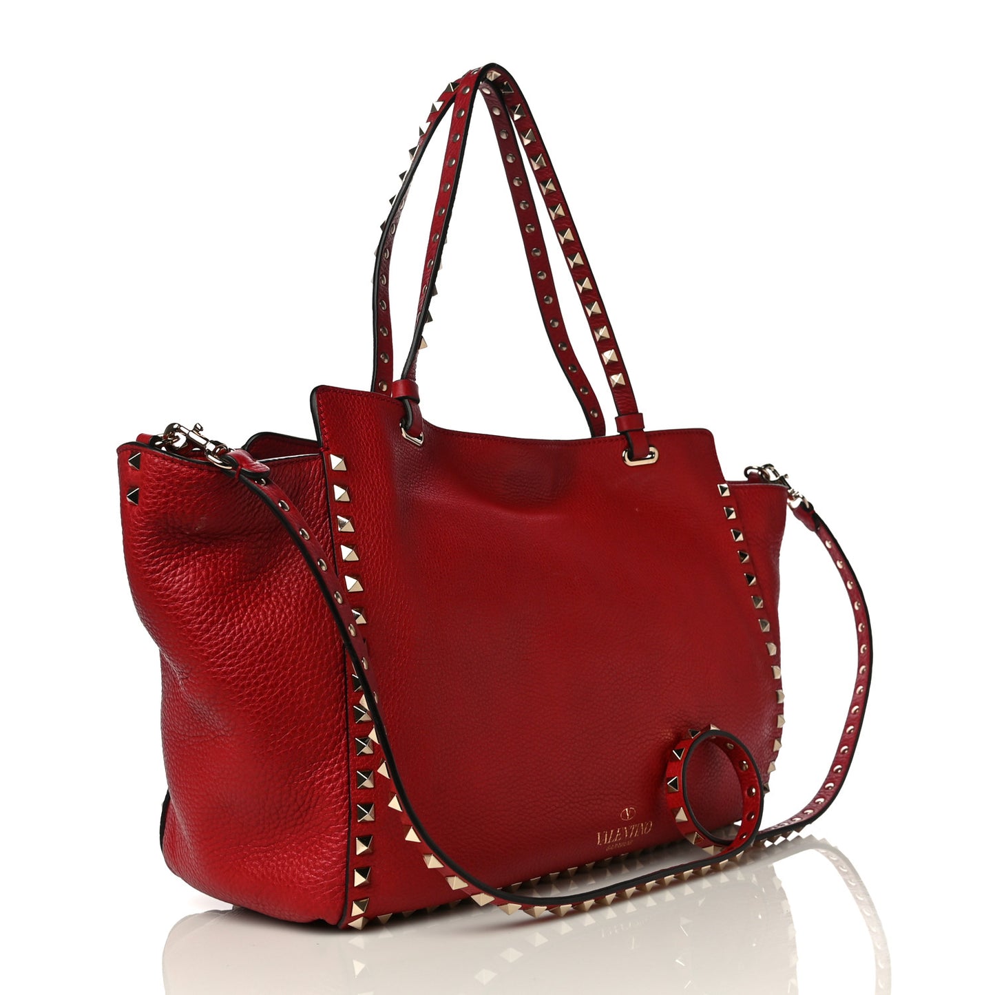 Pebbled Calfskin Medium Rockstud Tote Rosso Valentino