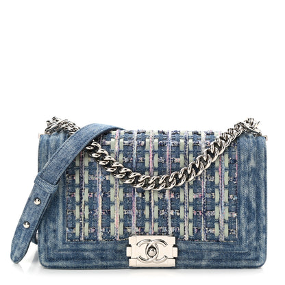 Chanel Cotton Tweed Denim Medium Boy Flap Light Green Light Blue 1 of 10