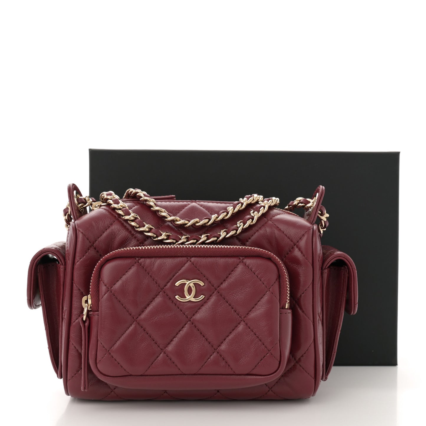 Shiny Crumpled Lambskin Quilted Small Preppy Pocket Camera Case Burgundy